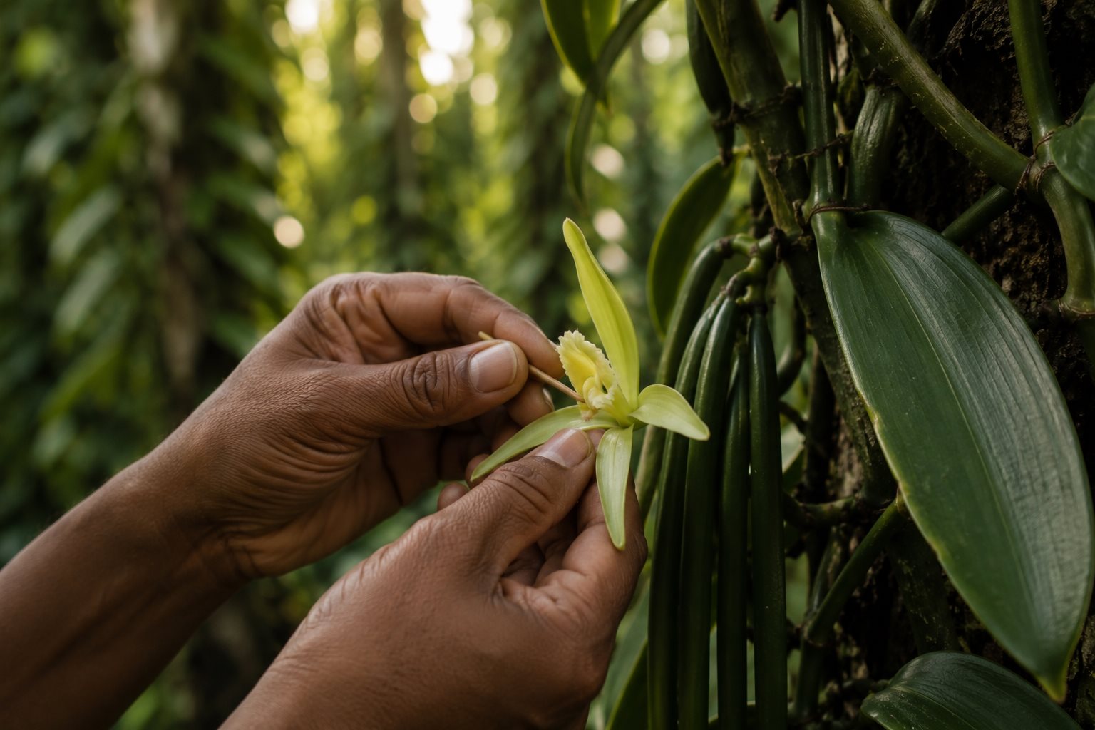 Pollinisation manuelle de la fleur de vanille
